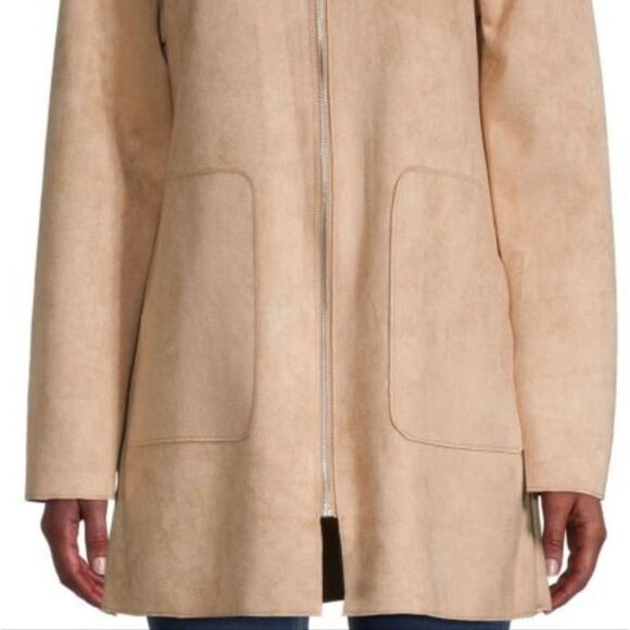 Joan Vass Faux Suede Camel Colored Hooded Coat Size XL - Picture 4 of 8